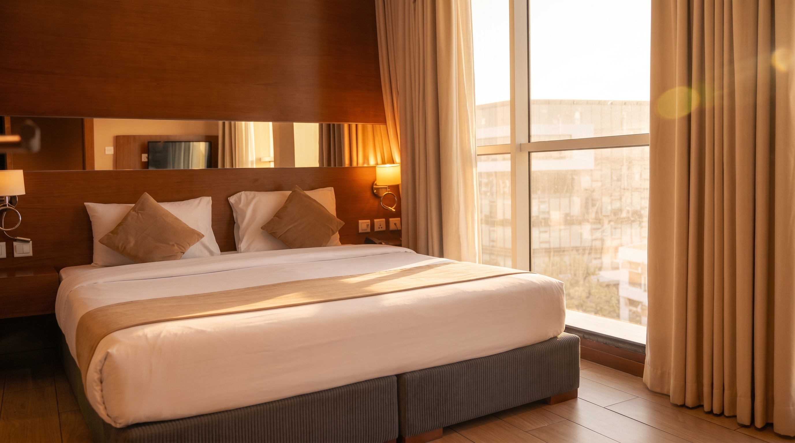 Deluxe City View room with twin beds and floor-to-ceiling windows