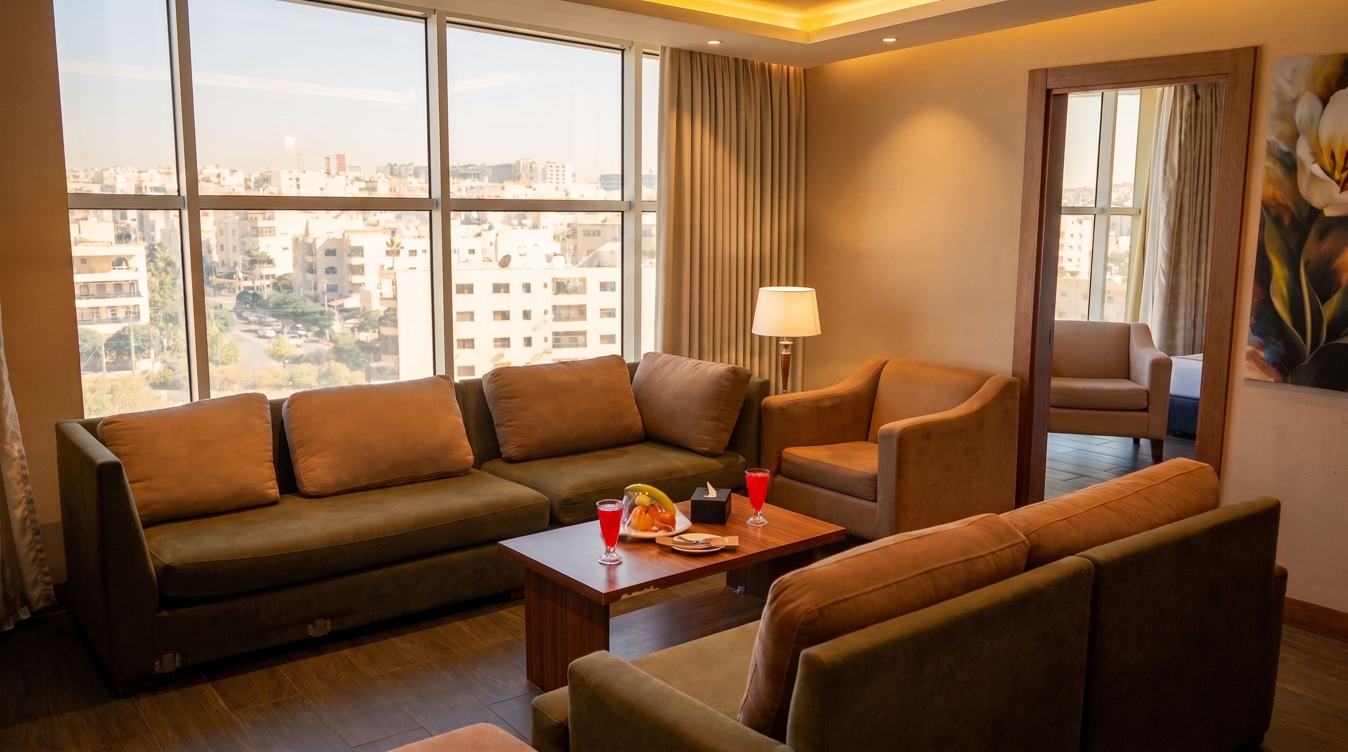 Royal Suite spacious living area with panoramic city views